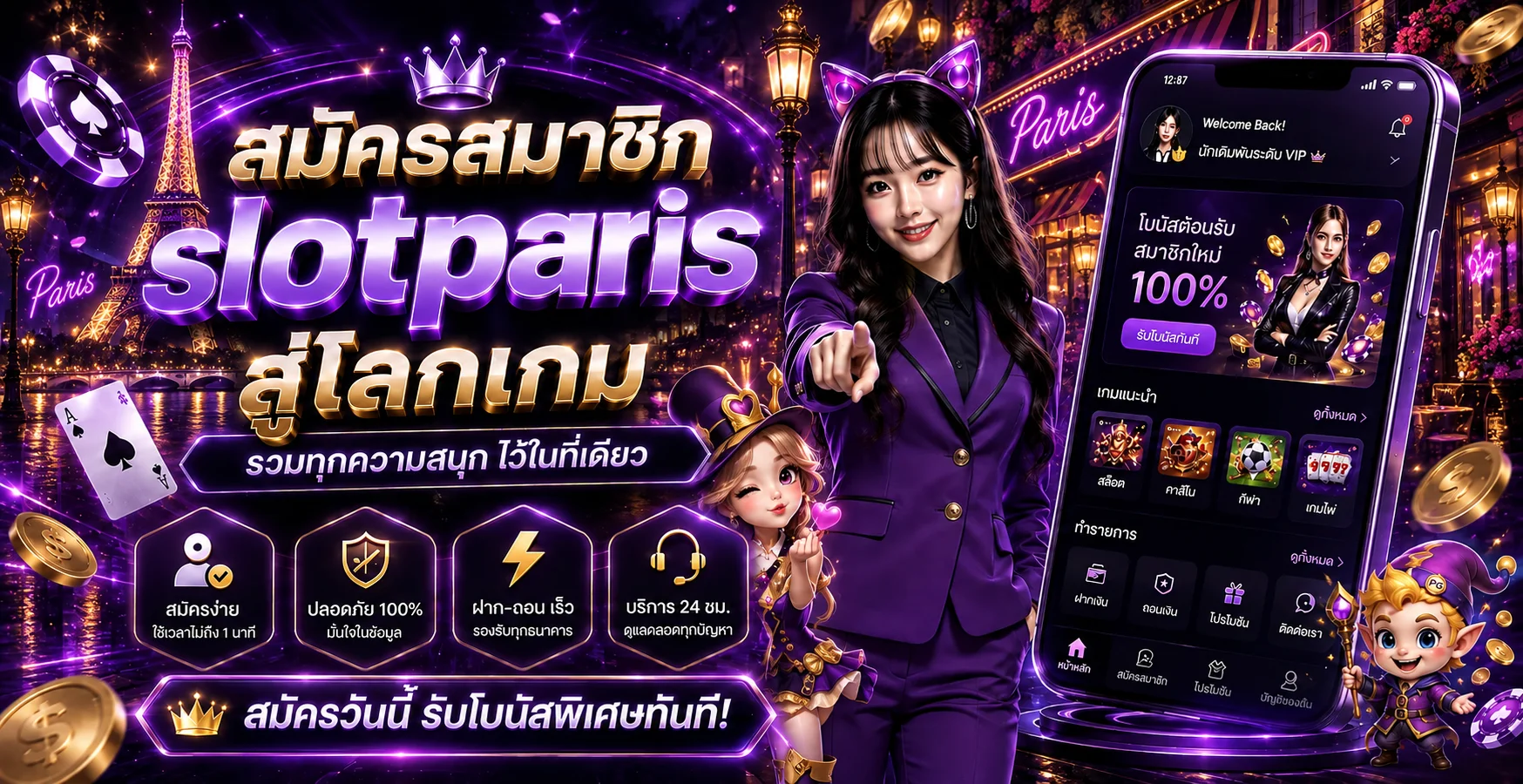 แบนเนอร์ slotparis ทางเข้าและระบบสล็อตโทนม่วงทอง